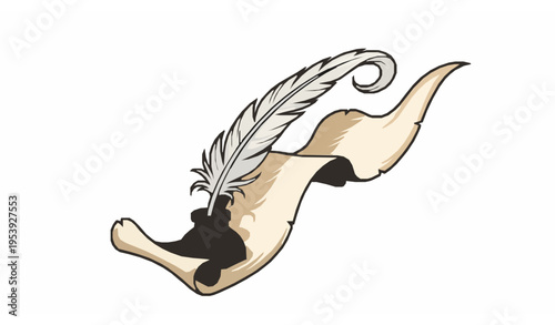 Decorative quill pen parchment and inkwell vector design with flowing scroll for vintage writing and creative projects