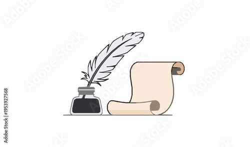 Elegant quill pen and inkwell with rolled parchment vector illustration minimal vintage writing concept isolated on white