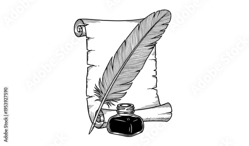Vintage quill pen inkwell and parchment vector illustration detailed classic writing tools for history and education design