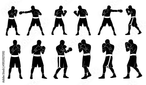 Boxing poses silhouette vector set with precise combat stances and punch techniques for training and sports design