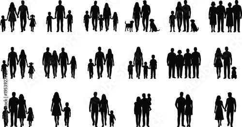 Family Silhouette Collection with Parents, Children and Couples Walking Together for Parenting, Lifestyle, Relationship and Generational Concept Design