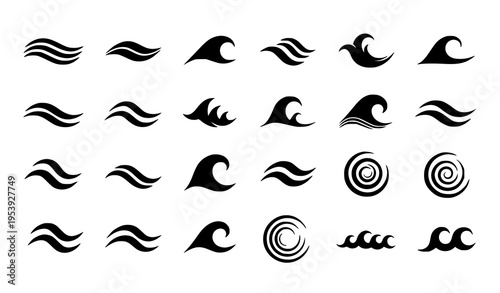 Water wave icon silhouette vector set with simple bold shapes and hand drawn style for logo and design use