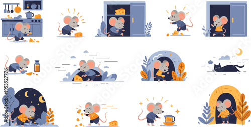 Cute Cartoon Mouse Eating Cheese and Drinking Milk in Various Fun Actions Vector Illustration Set