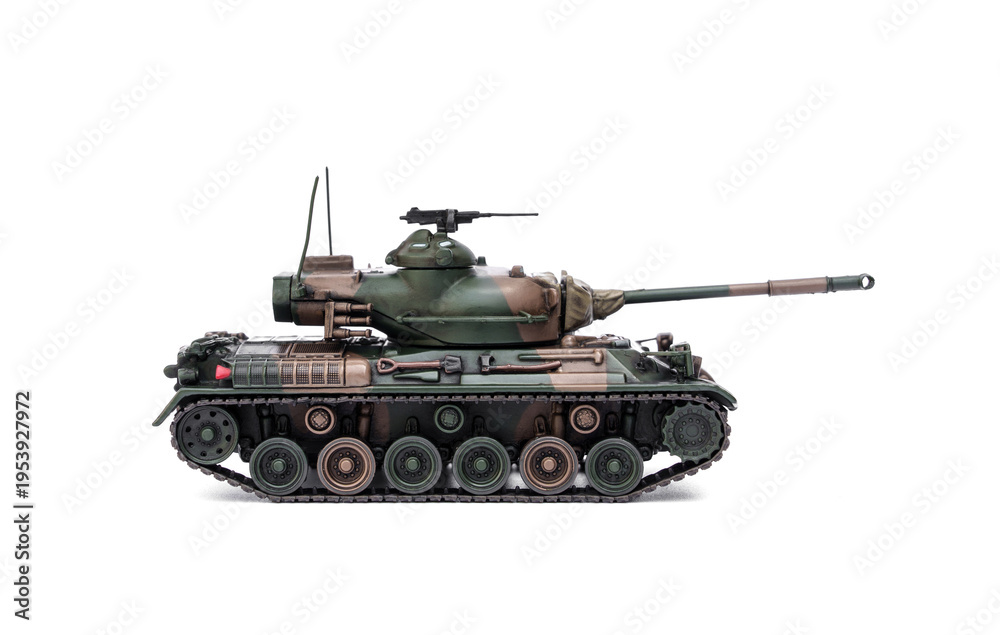 Naklejka premium Metal scale model of Japan tank type 61 realistic green and brown camouflage paint weathered texture isolated on white background.