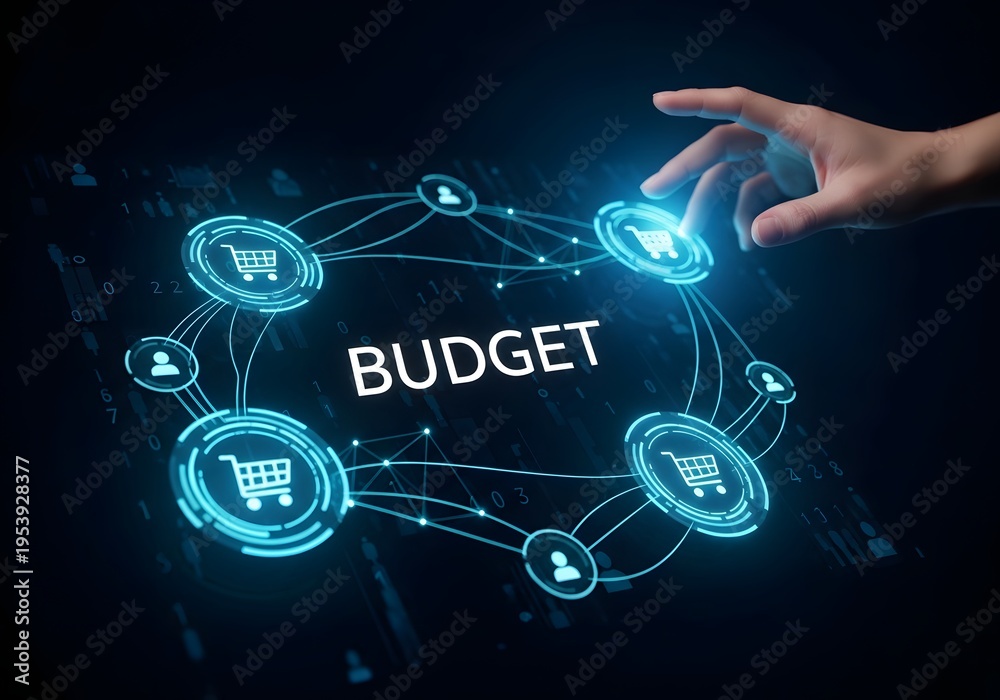 Obraz premium Hand interacting with glowing blue budget network diagram with shopping carts and people