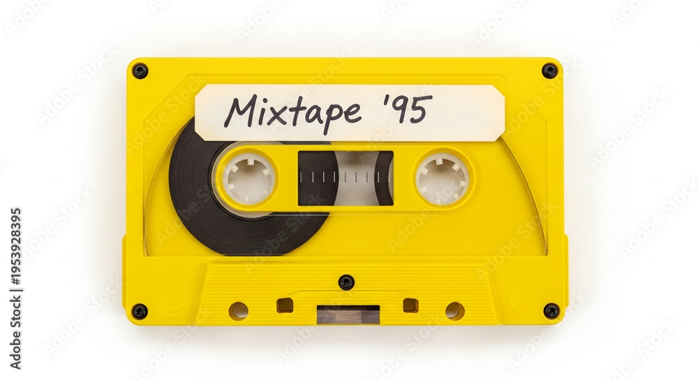 Naklejka premium A bright yellow vintage audio cassette tape with a handwritten 