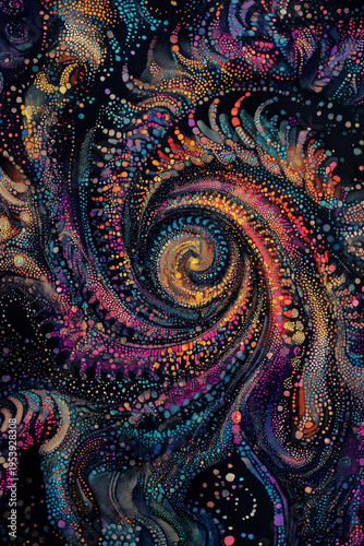 abstract art, spiral pattern, swirling vortex of dots and swirls, batik, dark purples, deep blues, oranges and yellows, illustrated