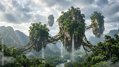 Fantasy floating islands jungle landscape with waterfalls