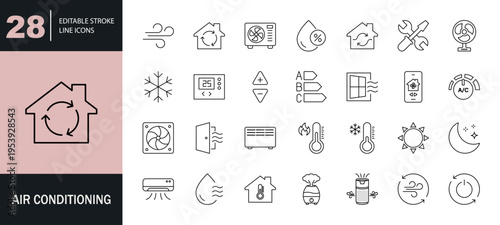 Air Conditioning icon set. Containing fan, wind, blow, air conditioner, cooling appliance, cooling fan, air cleaner, climate control, heating, and more. Editable line icons. Vector