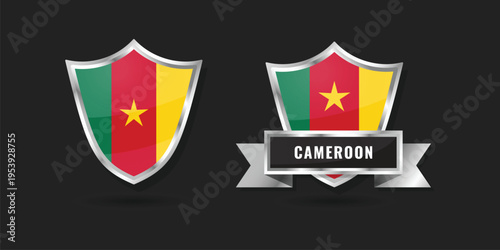 Premium silver metallic shields with the flag of Cameroon. Features glossy heraldic designs and a titled ribbon badge for soccer, national holidays, and official representation.