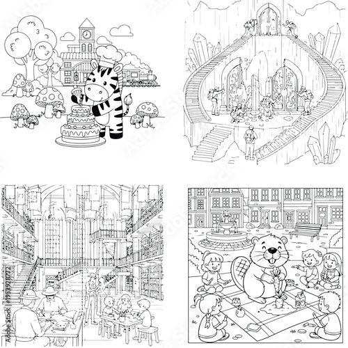Collection of coloring book illustrations featuring zebra photographer and beaver artist line art