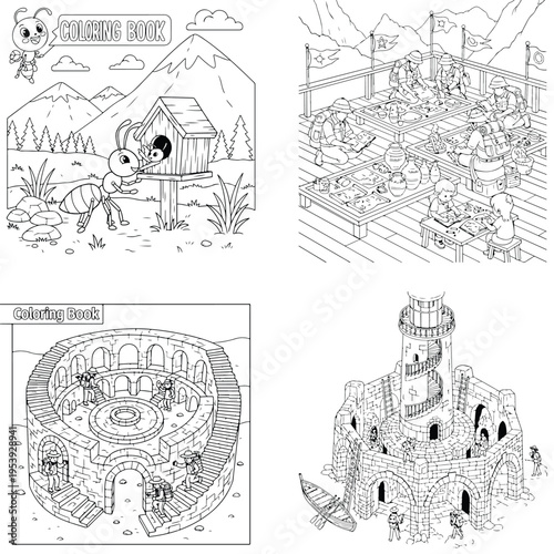 Childrens activity coloring pages with ant character maze puzzle and isometric city line art