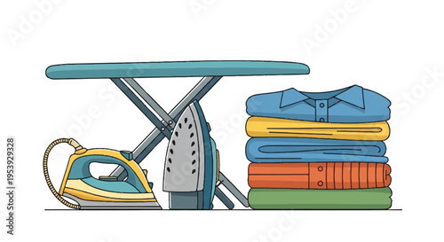 Laundry room illustration iron ironing board and stacked clothes