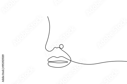 A minimalist continuous one line drawing of a woman's face. This elegant vector illustration features clean black lines on a white background, perfect for modern aesthetic designs and logos.