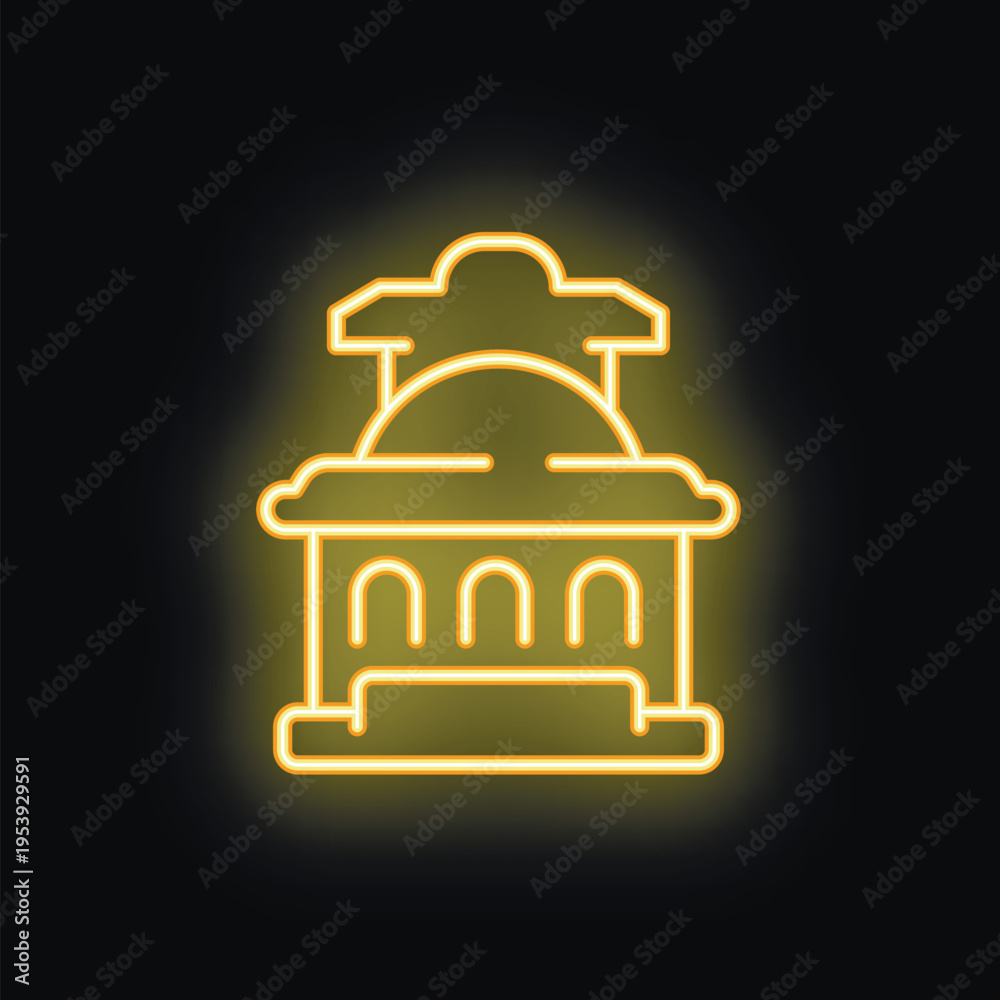 Fototapeta premium Yellow glowing neon sign depicting a building facade with columns and a dome roof on a black background