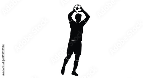 A silhouetted soccer goalkeeper prepares to catch or deflect a soccer ball overhead high quality