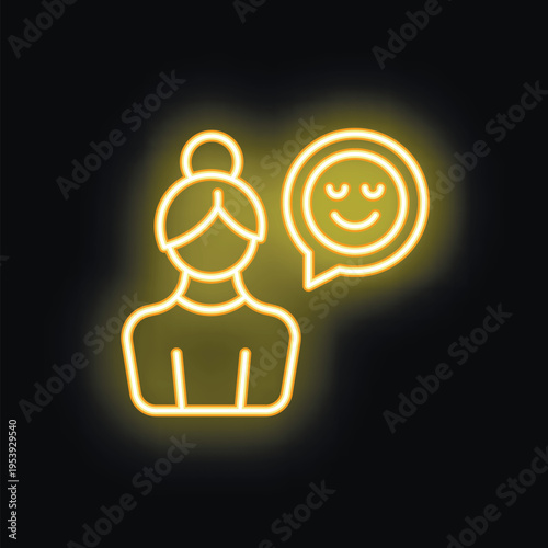 Neon sign of a businesswoman with a chat bubble showing a relaxed and happy face