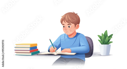 Young Boy Writing in Notebook with Pen.