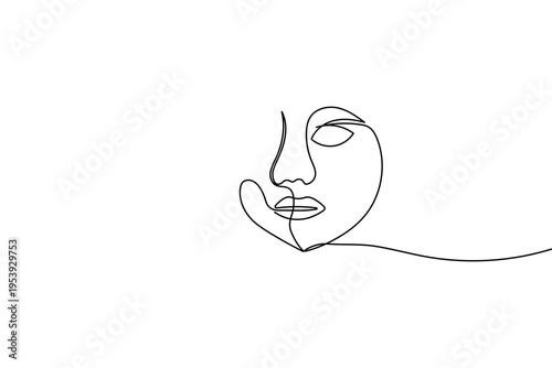 A minimalist continuous one line drawing of a woman's face. This elegant vector illustration features clean black lines on a white background, perfect for modern aesthetic designs and logos.