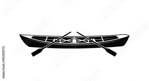 A minimalist black and white illustration depicts a traditional canoe with two crossed paddles