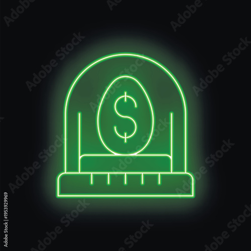 Glowing neon green incubator protecting golden egg with dollar sign inside on black background