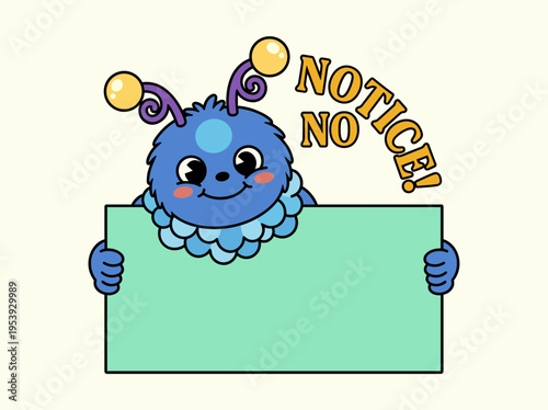 Cute blue fuzzy monster character holding empty green blank sign board for message vintage retro 70s style creature mascot for announcement and notification