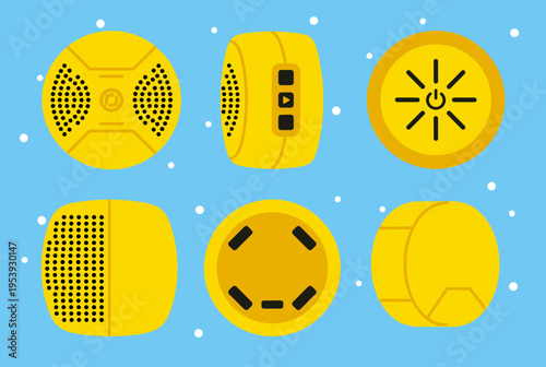 Multiple Views of a Compact Portable Speaker Design with Control Buttons, Power Indicator, and Grille Texture in Vibrant Yellow on Blue Background