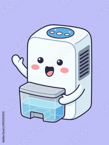 Cute kawaii dehumidifier holding a transparent water tank character illustration isolated on light purple background.