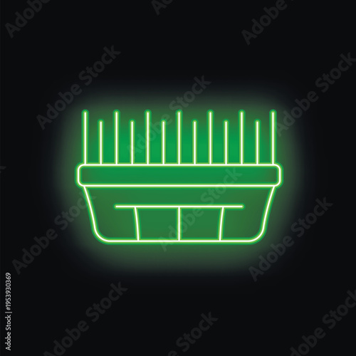 Green glowing neon line cat litter box icon isolated on black background. Toilet for cats. Vector