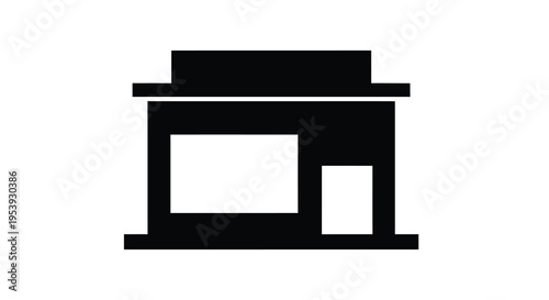 A simple black silhouette depicts a building facade with a storefront and flat roof