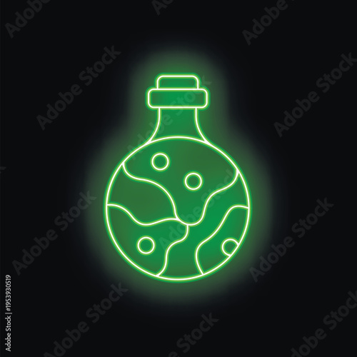 Glowing neon green icon of a round potion bottle with a cork, suggesting magic, fantasy and witchcraft