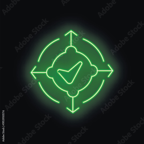 Green neon icon is glowing on a black background, symbolizing validation in all directions