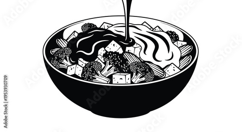 A black and white illustration depicts a bowl filled with healthy ingredients and sauce