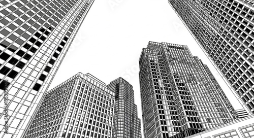 High-rise buildings converge towards the sky in a bustling city.