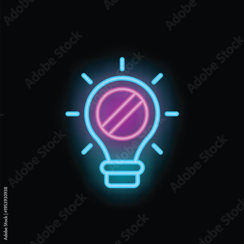 Neon lightbulb is glowing with a forbidden symbol inside, representing a lack of ideas or creativity