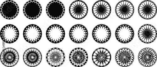 Collection of 20 oval shaped black and white fractal patterns