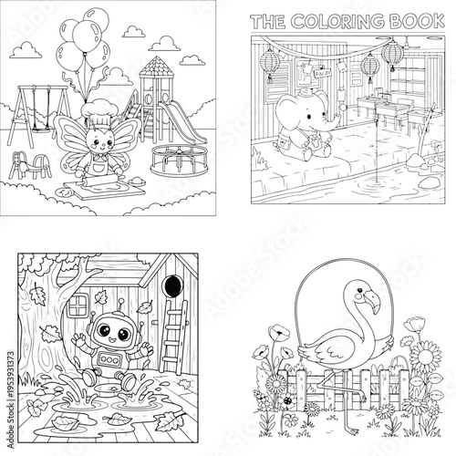 Playground scene, barnyard animals, treehouse with owls, bird on globe, coloring page