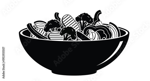 A black and white illustration depicting a bowl filled with various healthy vegetables high quality