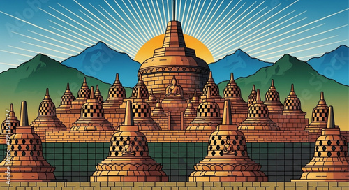Detailed Illustration of Borobudur Temple with Stupas and Mountain Backdrop.