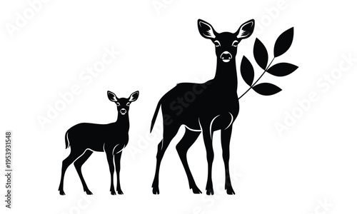 Deer and fawn silhouette vector illustration with forest leaves wildlife animal family black design isolated nature woodland concept