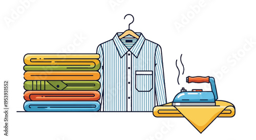 Laundry and ironing illustration featuring stacked clothes and iron