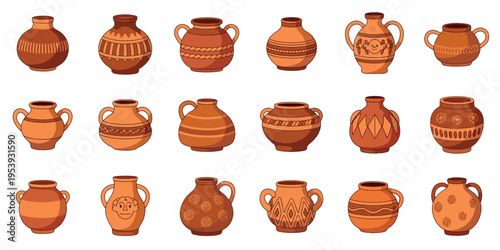 Clay Pots and Ceramic Vases Set Featuring Earthenware Vessels Various Shapes and Patterns Pottery Vector Illustration