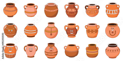 Clay Pots and Ceramic Vases Set Showing Earthenware Vessels Various Shapes and Patterns Pottery Vector Illustration