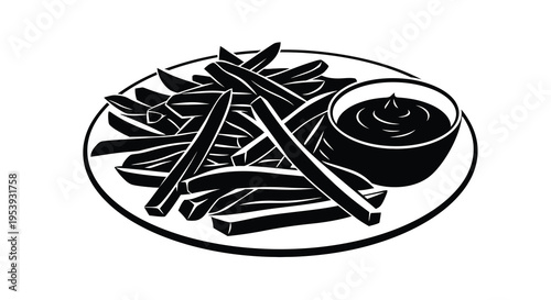A black and white illustration depicts a plate of french fries and a small dipping sauce container