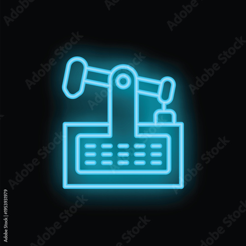 Brightly shining neon blue oil pump jack icon on a dark background, representing the oil extraction industry