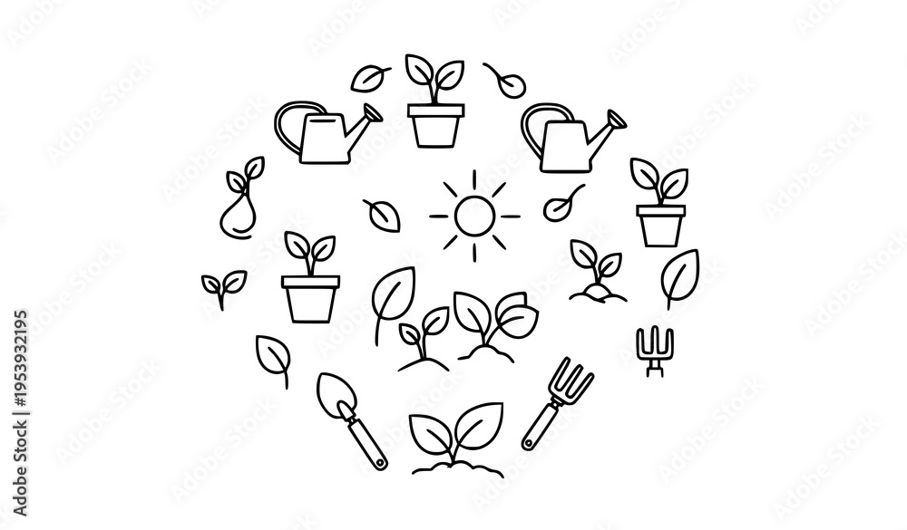 Fototapeta premium Plant care icon collection sprout gardening outline vector set