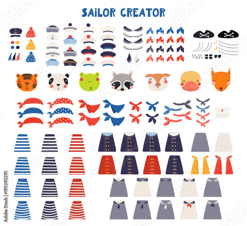 Cute sailor character creator, isolated illustration set. Tiger, panda, frog, raccoon, owl, duck, squirrel animals. Nautical clothes, accessory. Kid design element clip art Hand drawn vector