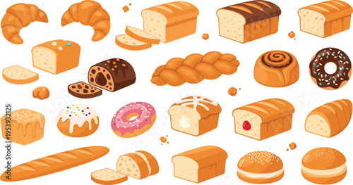 Bakery Bread and Pastry Vector Illustration Set with Croissant, Donut, Loaf, Buns, Rolls, and Sweet Dessert Food Collection
