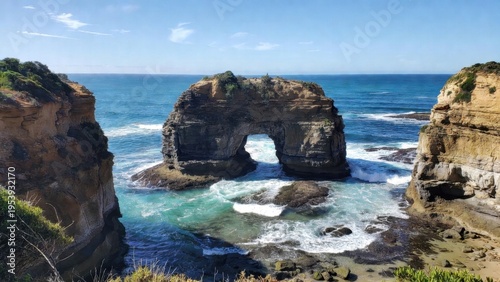 Double sea arch rock formation in turquoise ocean with dramatic cliffs for travel poster background and scenic wallpaper
