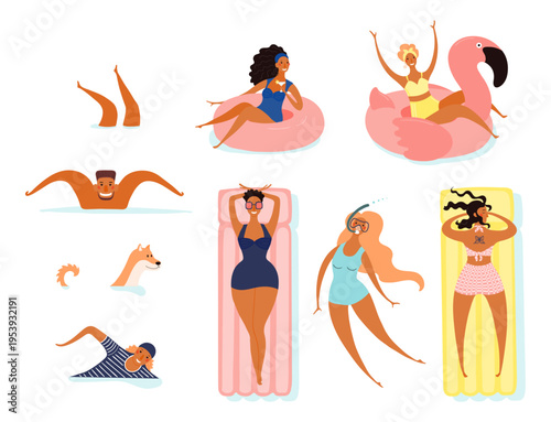Women in swimsuit on pool floats, snorkeling, swimming, man, dog, illustration isolated set. Summer holidays, resort, beach. Cartoon character collection, hand drawn vector design element, clip art